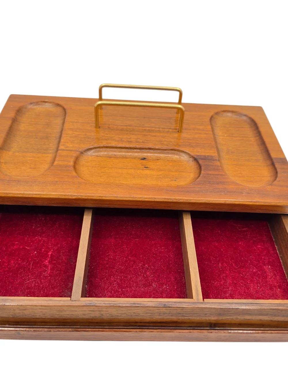 Vintage Wooden Jewelry Tray Mens  Valet with Red Velvet Interior and Gold Handle